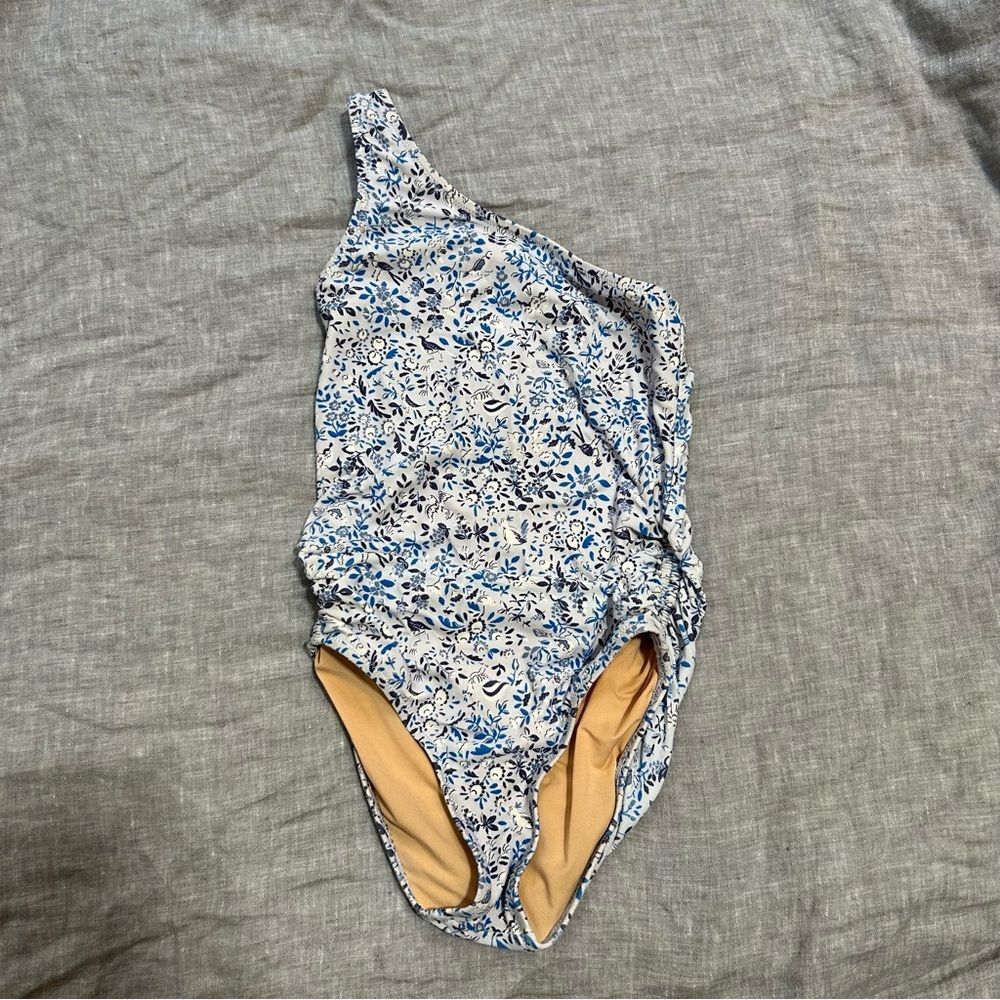 Crewcuts Bird Floral One Shoulder Ruched One Piece Swimsuit Blue 6-7 Years